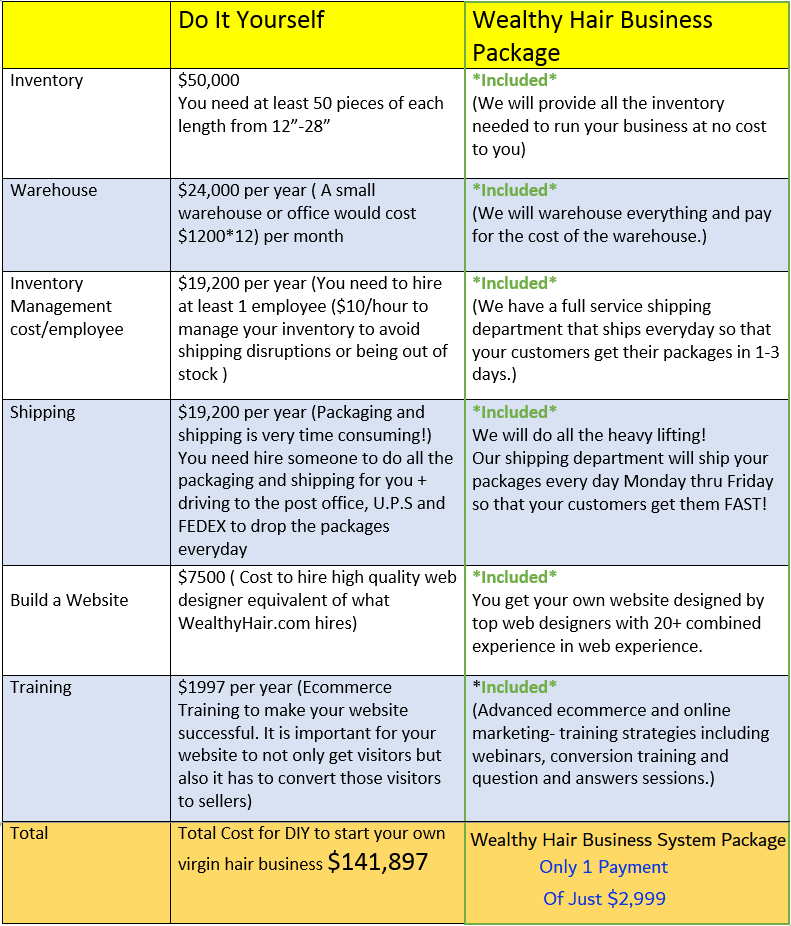 Wealthy Hair Business System Package Comparison Chart Dropshipping