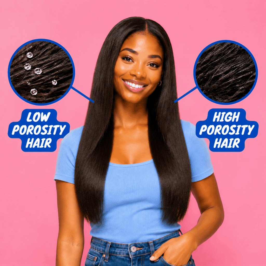 Low porosity hair care guide showing essential products and tips for healthy low-porosity hair maintenance