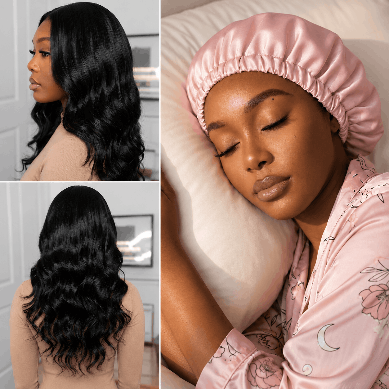 "Protect When Sleeping with 13×4 Lace Frontal wearing silk bonnet for hair protection overnight