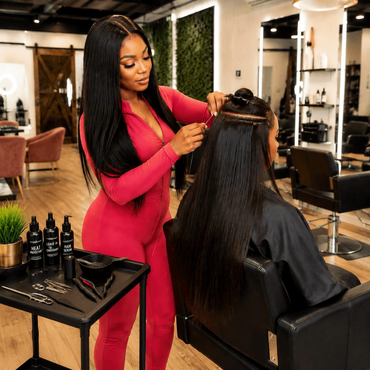 Salons Professional Sew-In Hair Extensions Application In Modern Salon