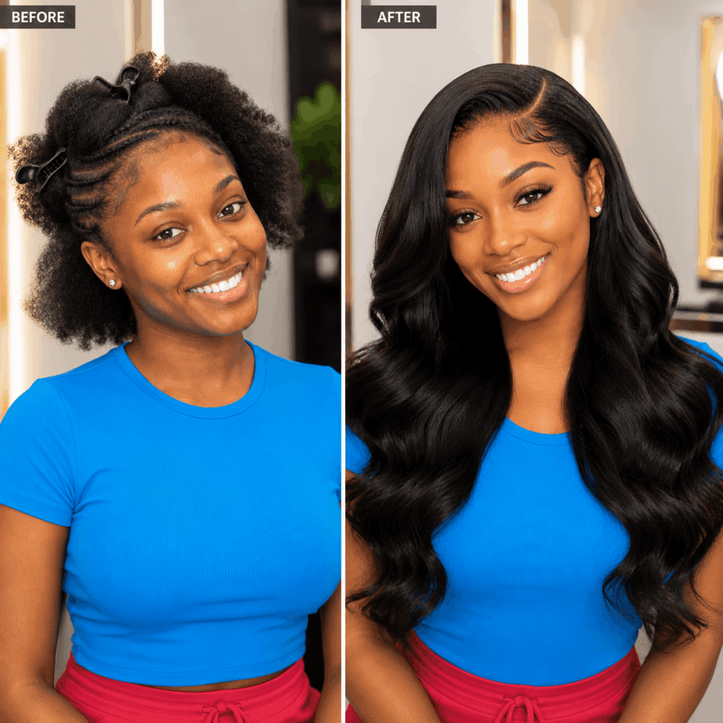 Side Part Sew In Before And After With Natural Body Wave Hair Extensions