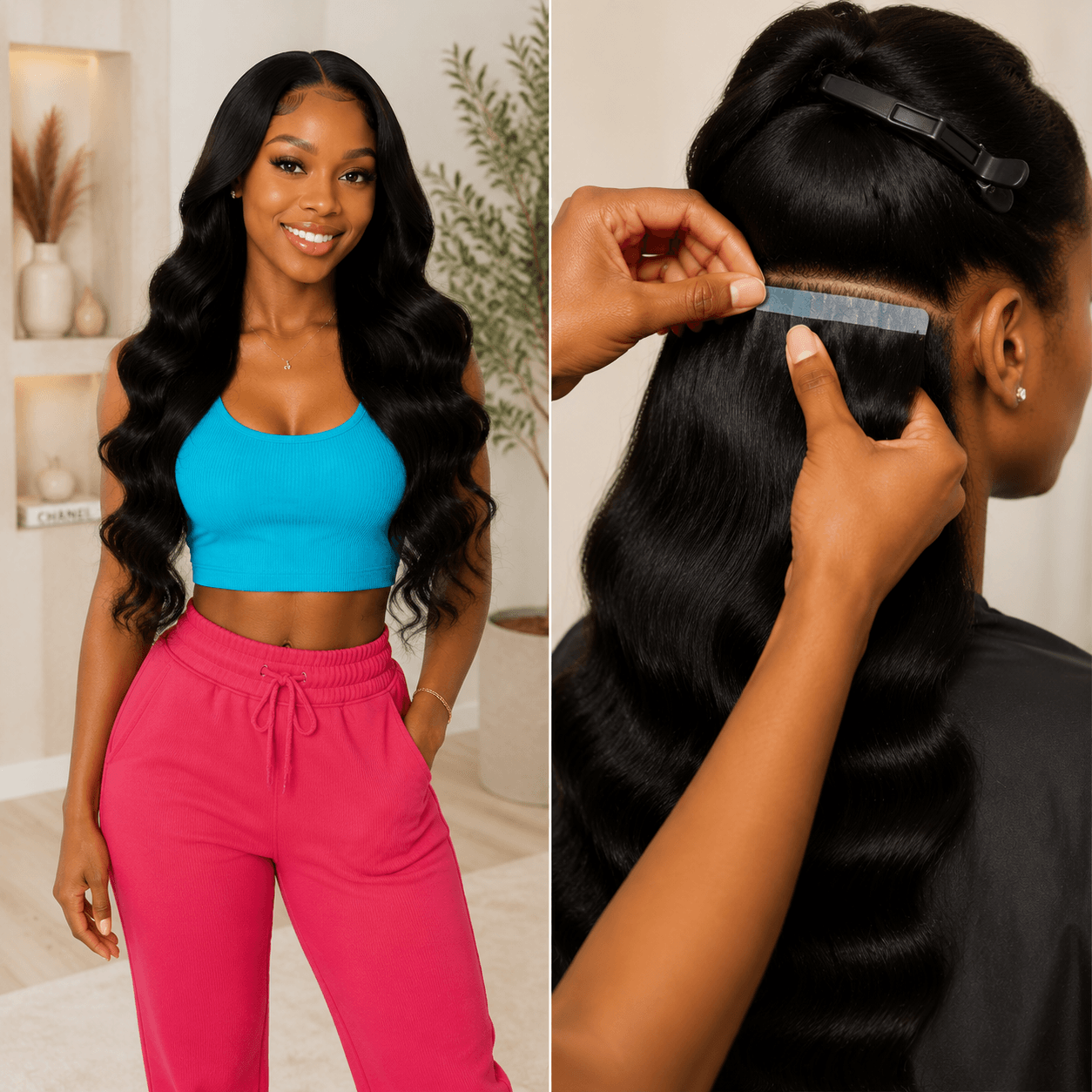 Tape-In Extensions Application Close Up Professional Hair Styling